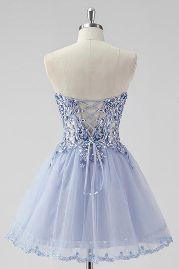 Sparkly Lavender Strapless Beaded A Line Short Prom Dress with Lace Up Back